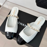 Double C Two-Tone Chain Mules White Lambskin