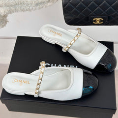 Double C Two-Tone Chain Mules White Lambskin