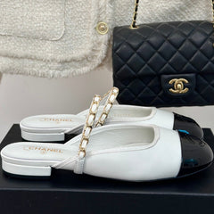 Double C Two-Tone Chain Mules White Lambskin