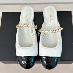 Double C Two-Tone Chain Mules White Lambskin