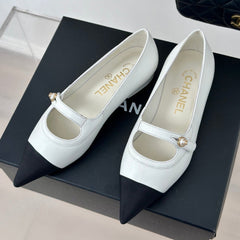 Double C Milan Runway Pointed Toe Mary Jane Shoes White Black Lambskin