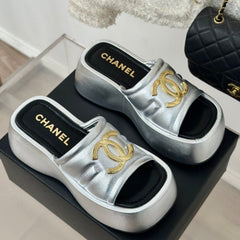 Large Double C Platform Slippers Silver