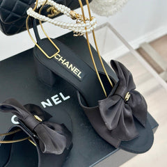 Double C Big Bow Pearl Chain High Sandals Black Lambskin
