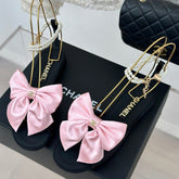 Double C Big Bow Pearl Chain Sandals Light Pink Black Lambskin