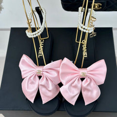 Double C Big Bow Pearl Chain Sandals Light Pink Black Lambskin