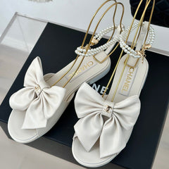 Double C Big Bow Pearl Chain Sandals White Lambskin