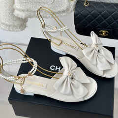 Double C Big Bow Pearl Chain Sandals White Lambskin