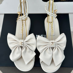 Double C Big Bow Pearl Chain Sandals White Lambskin