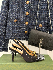 HIGH SLINGBACK 8.5 CM IN BLACK FABRIC WITH RHINESTONE EMBELLISHMENTS