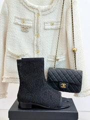 CC PEEP-TOE BOOTS 25SS IN BLACK EMBOSSED LACE FABRIC