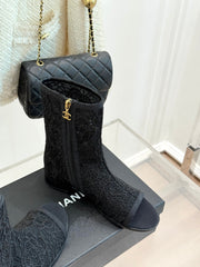 CC PEEP-TOE BOOTS 25SS IN BLACK EMBOSSED LACE FABRIC