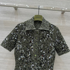 Gucci Knitted Polo Short-sleeved Top Green Wool