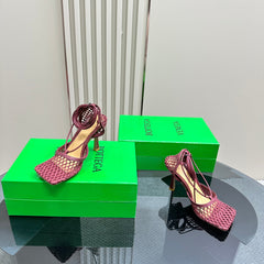 STRETCH HIGH HEELS 9 CM IN SANGRIA RED METALLIZE MESH AND LEATHER