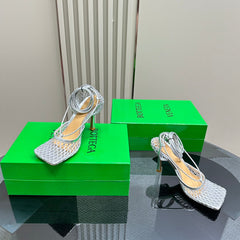 STRETCH HIGH HEELS 9 CM IN SILVER METALLIZE MESH AND LEATHER