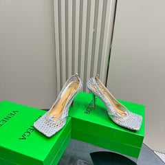 HIGH PUMP 9 CM IN SILVER METALLIZE MESH AND LEATHER