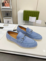 LOAFERS WITH SILVER HARDWARE IN CORNFLOWER BLUE SUEDE