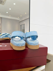 VELCRO STRAP SANDALS IN SKY BLUE MONOGRAM CANVAS GOLD HARDWARE