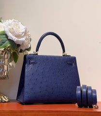 KELLY SELLIER 25 BAG IN NAVY BLUE OSTRICH LEATHER WITH GOLD HARDWARE