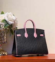 KELLY SELLIER 25 BAG IN BLACK MIX BABY PINK OSTRICH LEATHER