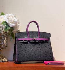 KELLY SELLIER 25 BAG IN BLACK MIX ORCHID PURPLE OSTRICH LEATHER