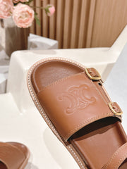 FLAT SANDALS IN RUST BROWN TRIOMPHE EMBOSSED SMOOTH CALFSKIN