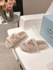PRADA 25S FLAT MULES IN WARM TAUPE RABBIT FUR