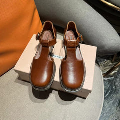Square Toe Thick Heel Retro Mary Jane Shoes Chestnut Calfskin