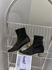 ICON HEELED ANKLE BOOT BLACK SUEDE 4 CM WITH GOLD LOGO