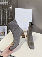 ICON HEELED ANKLE BOOT DOVE GRAY SUEDE 8 CM WITH GOLD LOGO
