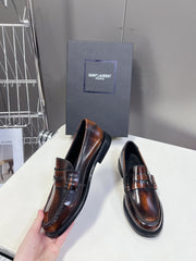 YSL 25S SAINT LAURENT LOAFERS IN TORTOISESHELL BROWN GLOSSY CALFSKIN