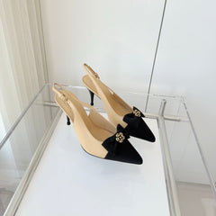 SLINGBACKS 80 MM IN BEIGE CALFSKIN AND BLACK CANVAS