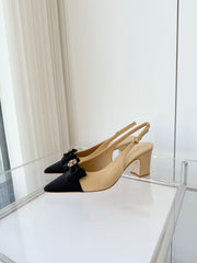 SLINGBACKS 65 MM IN BEIGE CALFSKIN AND BLACK CANVAS
