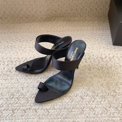 MARTHA POINTED OPEN-TOE HIGH MULES IN BLACK SILK