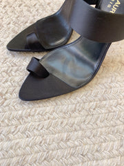 MARTHA POINTED OPEN-TOE HIGH MULES IN BLACK SILK