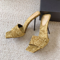 HIGH HEEL SLIDES IN SAND YELLOW VELVET