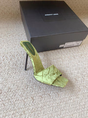 HIGH HEEL SLIDES IN TEA GREEN VELVET