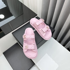 dad sandals pink lambskin mules