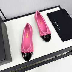BALLET FLATS IN BRIGHT PINK TWEED AND BLACK CALFSKIN
