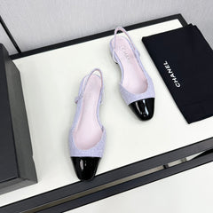 SLINGBACK LIGHT BLUE TWEED AND BLACK CALFSKIN