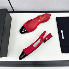 SLINGBACK ROSE RED TWEED AND BLACK CALFSKIN