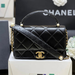 PEARL LIMITED EDITION FLAP BAG WITH HANDLE 20 IN BLACK LAMBSKIN