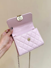 QUILTED MINI FLAP BAG WITH HANDLE 14 IN BABY PINK LAMBSKIN GOLD PLATED METAL