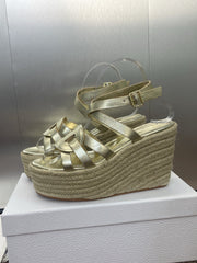 D-CLUB 25S HIGH HEEL WEDGE 100MM IN GOLD GLOSSY CALFSKIN RAFFIA SOLE
