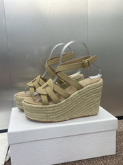 D-CLUB 25S HIGH HEEL WEDGE 100MM IN GOLDEN BEIGE CALFSKIN RAFFIA SOLE