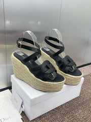 D-CLUB 25S HIGH HEEL WEDGE 100MM IN BLACK CALFSKIN RAFFIA SOLE