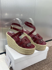 D-CLUB 25S HIGH HEEL WEDGE 100MM IN BURGUNDY RED CALFSKIN RAFFIA SOLE