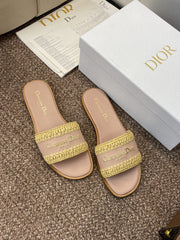 DIOR 25S D-LANE SLIDE NUDE CALFSKIN AND YELLOW BRAIDED RAFFIA