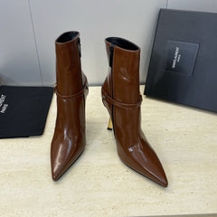YSL 25S POINTED-TOE HIGH-HEEL ANKLE BOOTS 95 MM IN BROWN LAMBSKIN WITH GOLD HARDWARE