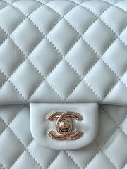 CHANEL 25S CLASSIC FLAP BAG 25 CM IN LIGHT GRAY BLUE LAMBSKIN WITH GOLD HARDWARE