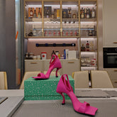 OPEN-TOE CURVED HIGH HEEL SANDALS IN DEEP PINK SMOOTH CALFSKIN